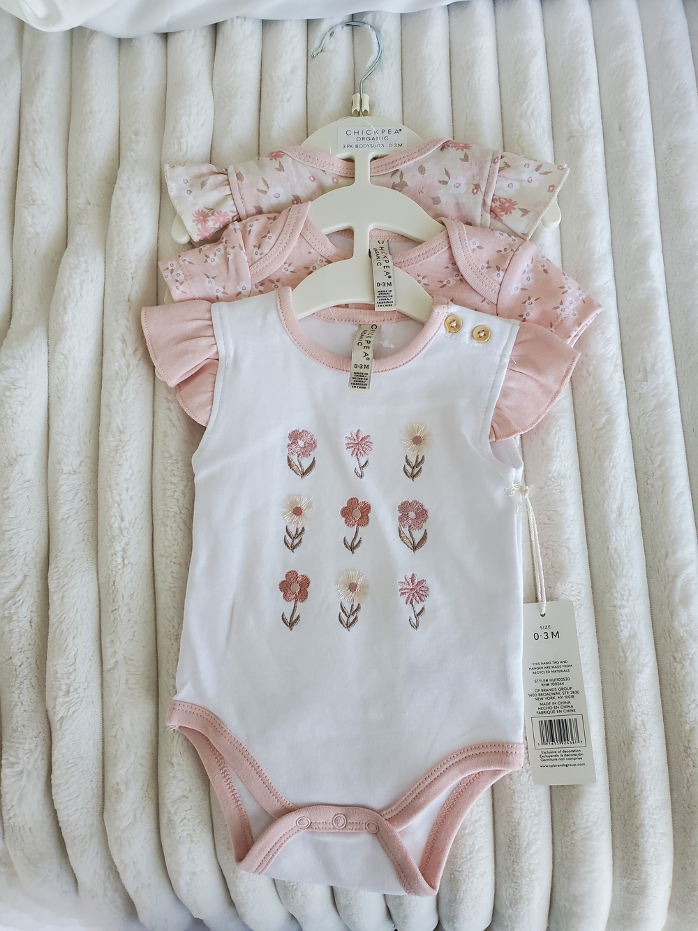Chick Pea NWT 3 baby Onesies with Pink Floral Embroidery and Pink Ruffle Sleeves